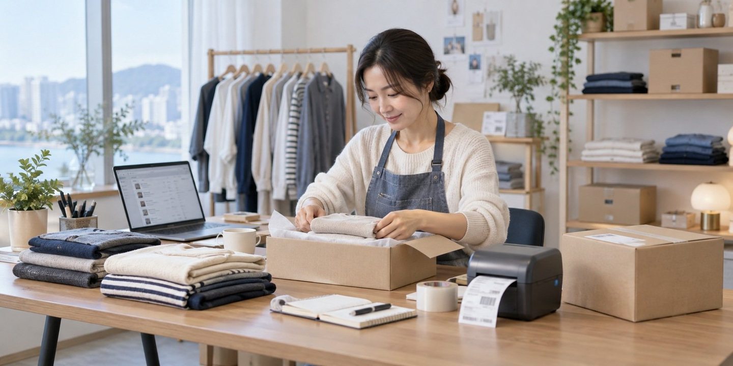 상품 포장 공간에서 노트북으로 업무를 보는 운영자 — 비대면 카드결제 PG사 수수료 요율요율, 숫자 옆에 붙은 말까지 옮겨 적으세요. 윗줄이 바르면 표 전체가 바로 섭니다.