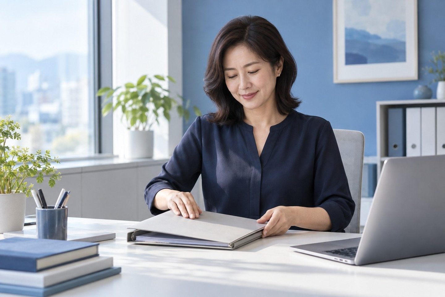 노트북 옆의 문서를 읽는 여성 — 비대면 카드결제 PG사 수수료 서명 문구서명 문구, 표와 한 줄씩 맞춘 뒤에 서명하세요.