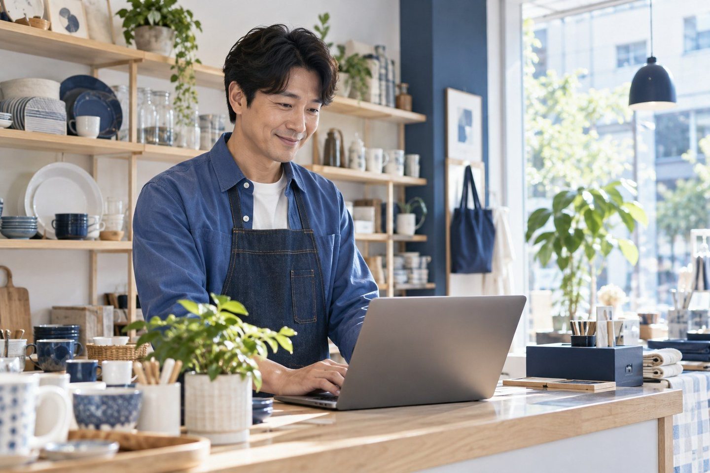 매장 카운터에서 휴대용 기기를 확인하는 운영자 — 비대면 카드결제 PG사 수수료 상담상담, 정산서 사진 한 장이면 출발해요.