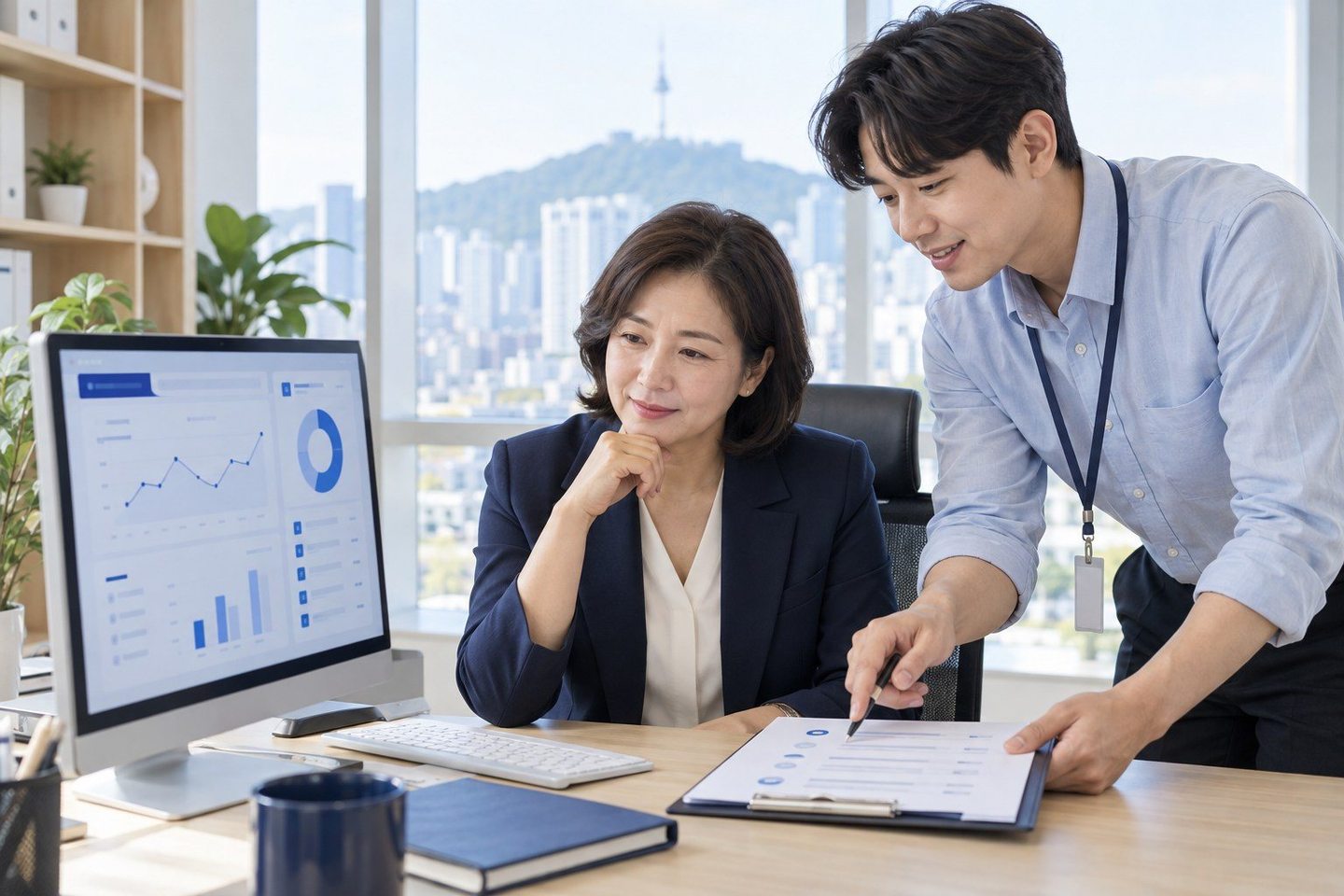 온라인 업무 화면을 함께 확인하는 두 사람 — 링크와 수기, 필요한 방법만 상담 · 계약에 따라 엽니다